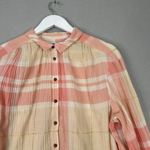 Holding Horses Anthro Womens Top 12 Pink Plaid Button Down Shirt Western Work - Picture 2 of 9